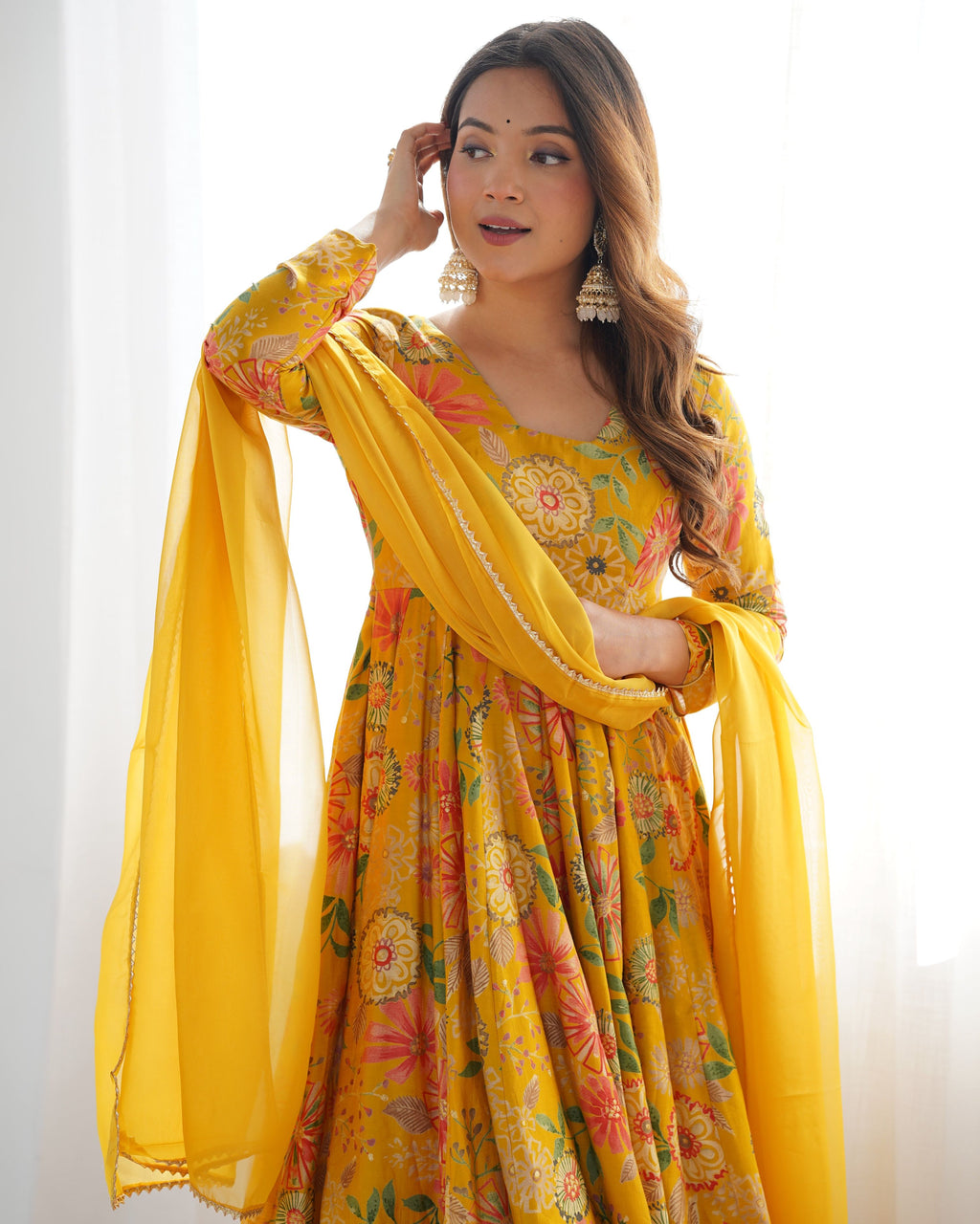 Teeya Creation Yellow Color Faux Georgette Kediya Style Fully Stitched Printed Kediya | Grocsy
