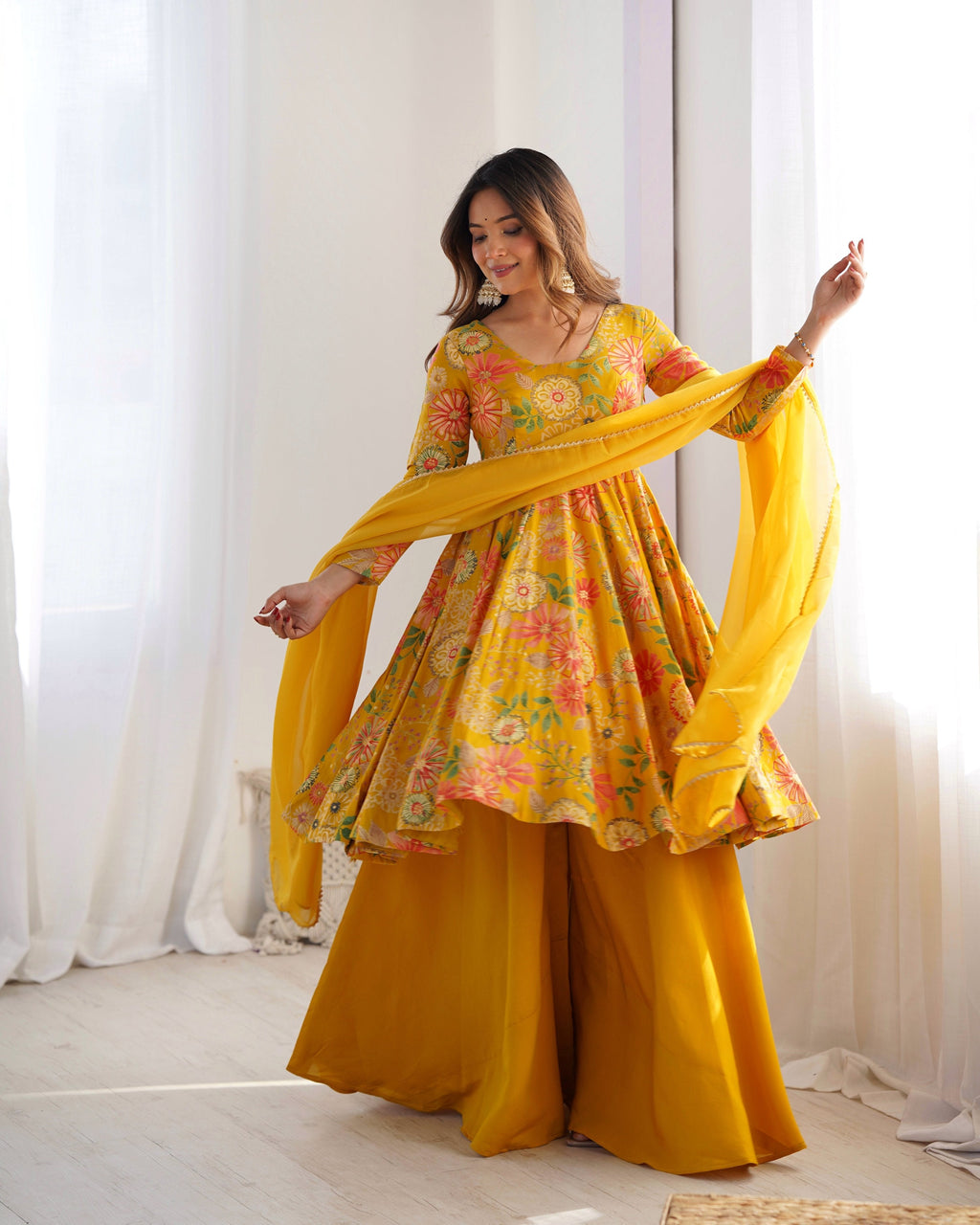 Teeya Creation Yellow Color Faux Georgette Kediya Style Fully Stitched Printed Kediya | Grocsy
