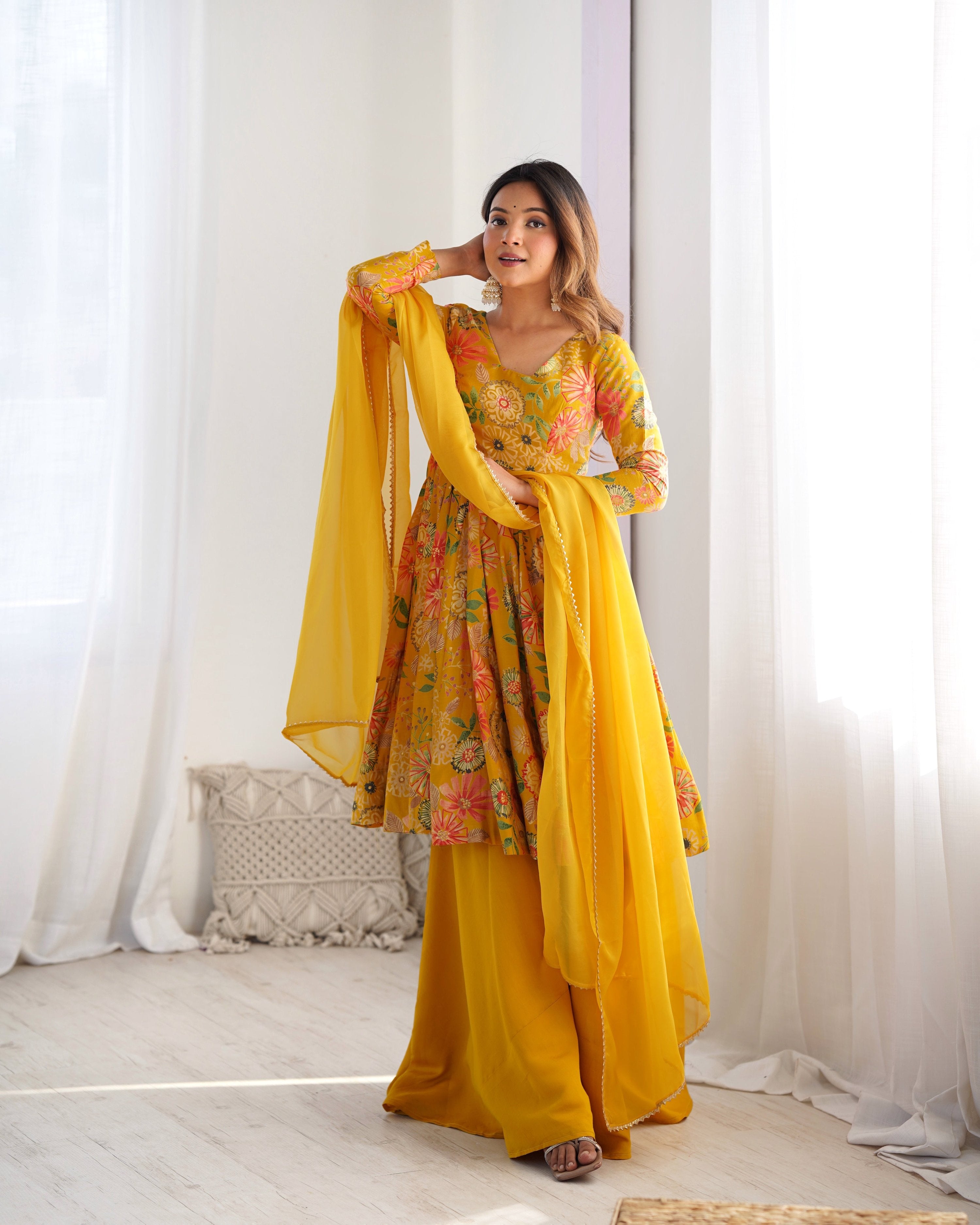 Teeya Creation Yellow Color Faux Georgette Kediya Style Fully Stitched Printed Kediya | Grocsy
