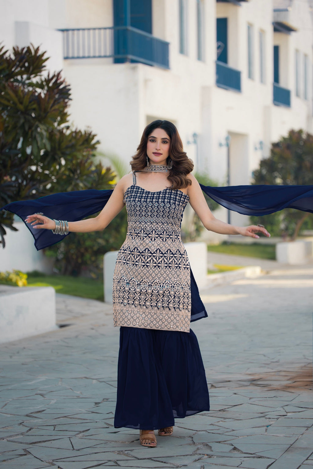 Teeya Creation Navy Blue Color Georgette Heavy Embroidery Work Pakistani Style Fully Stitched Salwar Suit | Grocsy