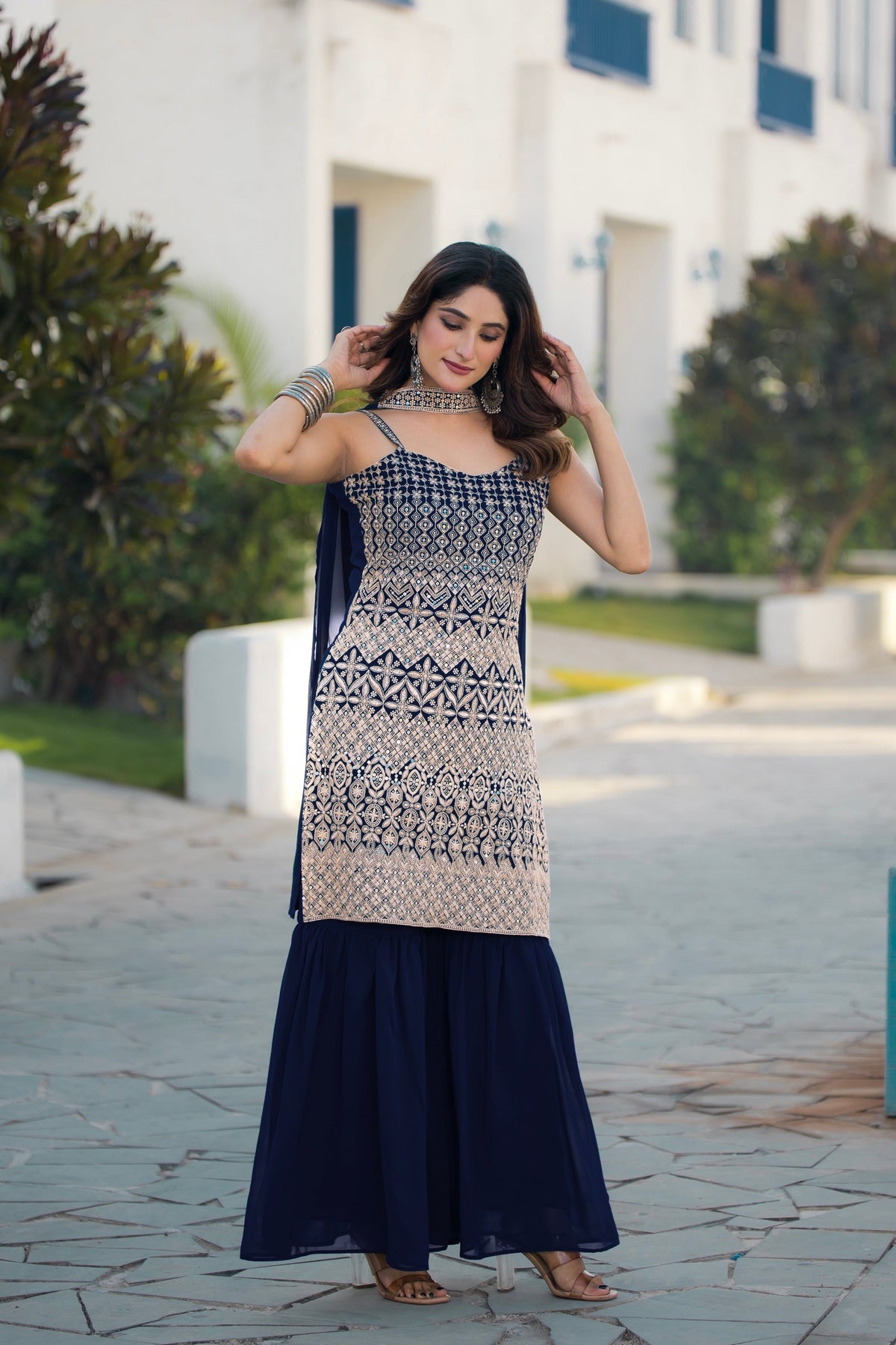 Teeya Creation Navy Blue Color Georgette Heavy Embroidery Work Pakistani Style Fully Stitched Salwar Suit | Grocsy