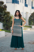 Teeya Creation Teal Color Georgette Heavy Embroidery Work Pakistani Style Fully Stitched Salwar Suit | Grocsy