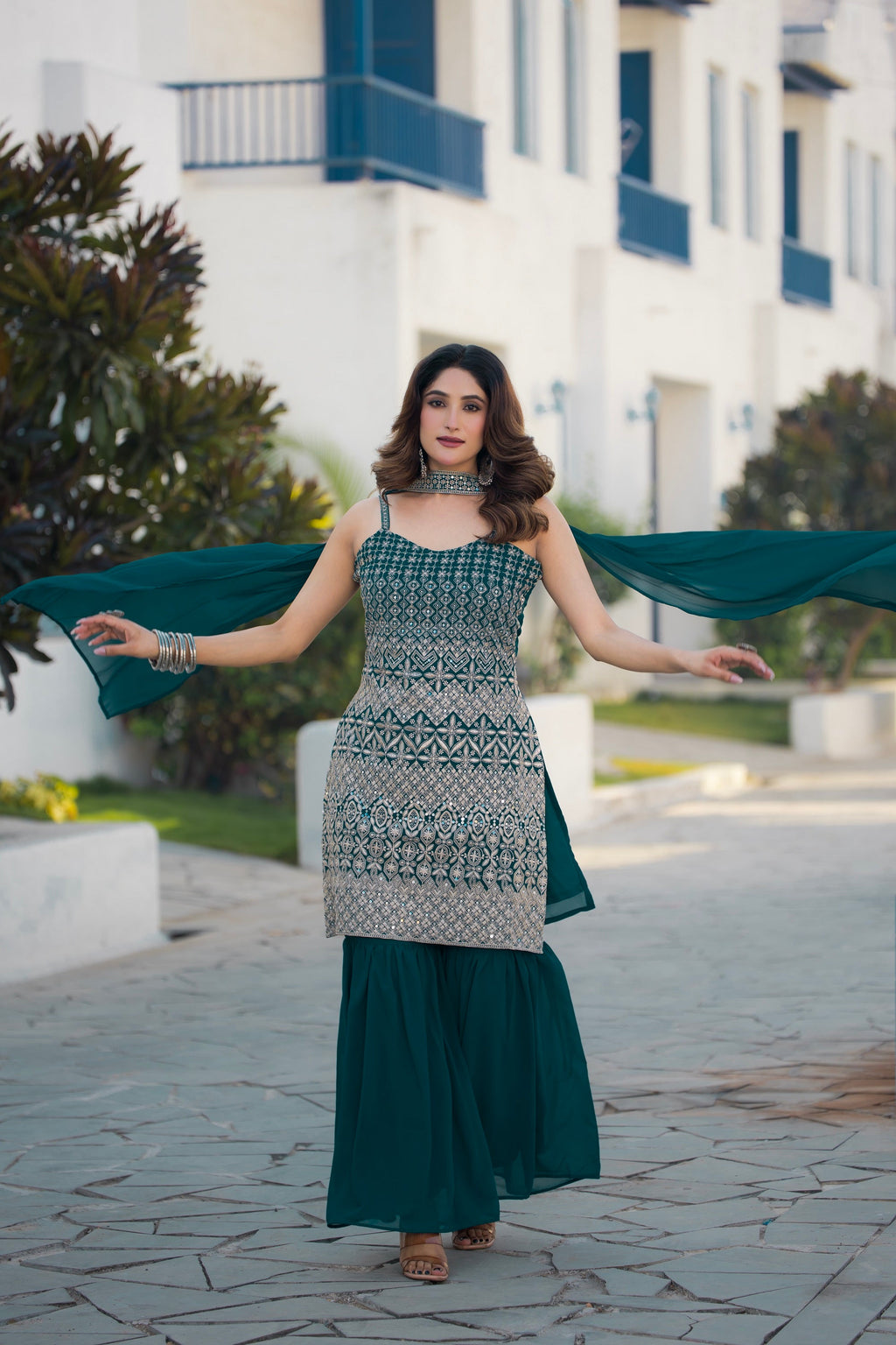Teeya Creation Teal Color Georgette Heavy Embroidery Work Pakistani Style Fully Stitched Salwar Suit | Grocsy