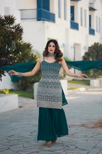 Teeya Creation Teal Color Georgette Heavy Embroidery Work Pakistani Style Fully Stitched Salwar Suit | Grocsy