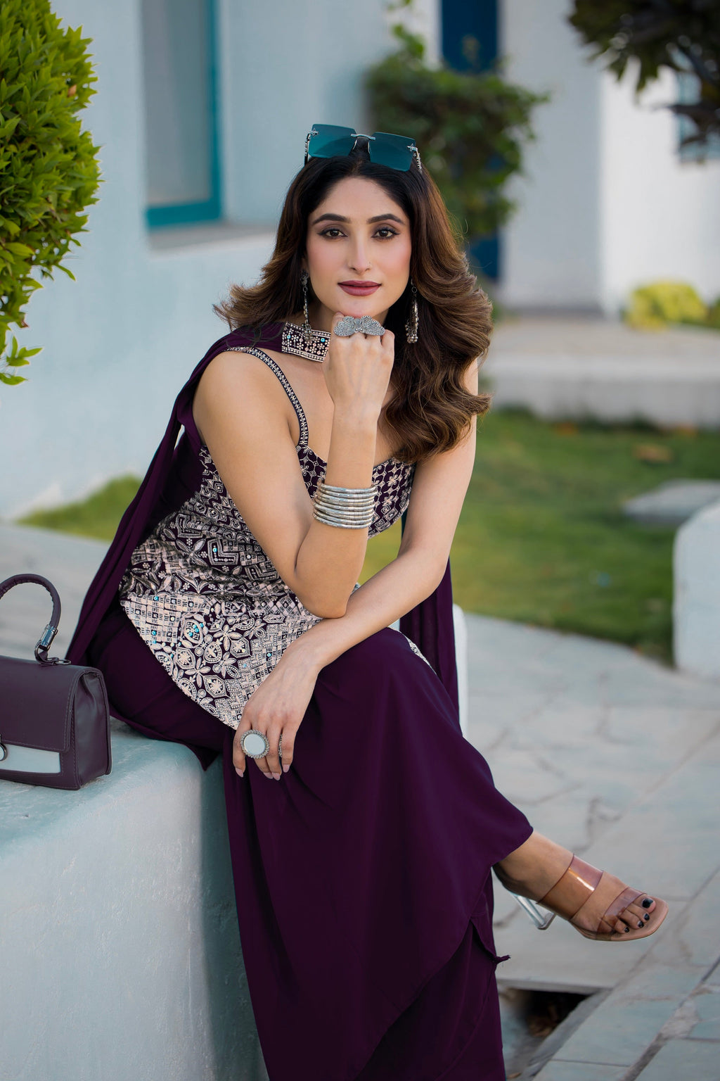 Teeya Creation Wine Color Georgette Heavy Embroidery Work Pakistani Style Fully Stitched Salwar Suit | Grocsy