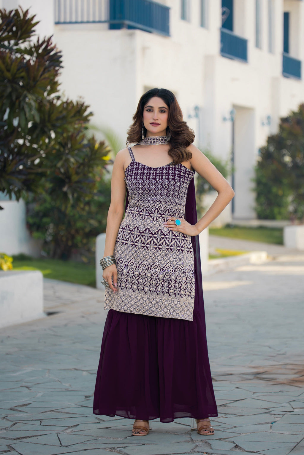 Teeya Creation Wine Color Georgette Heavy Embroidery Work Pakistani Style Fully Stitched Salwar Suit | Grocsy