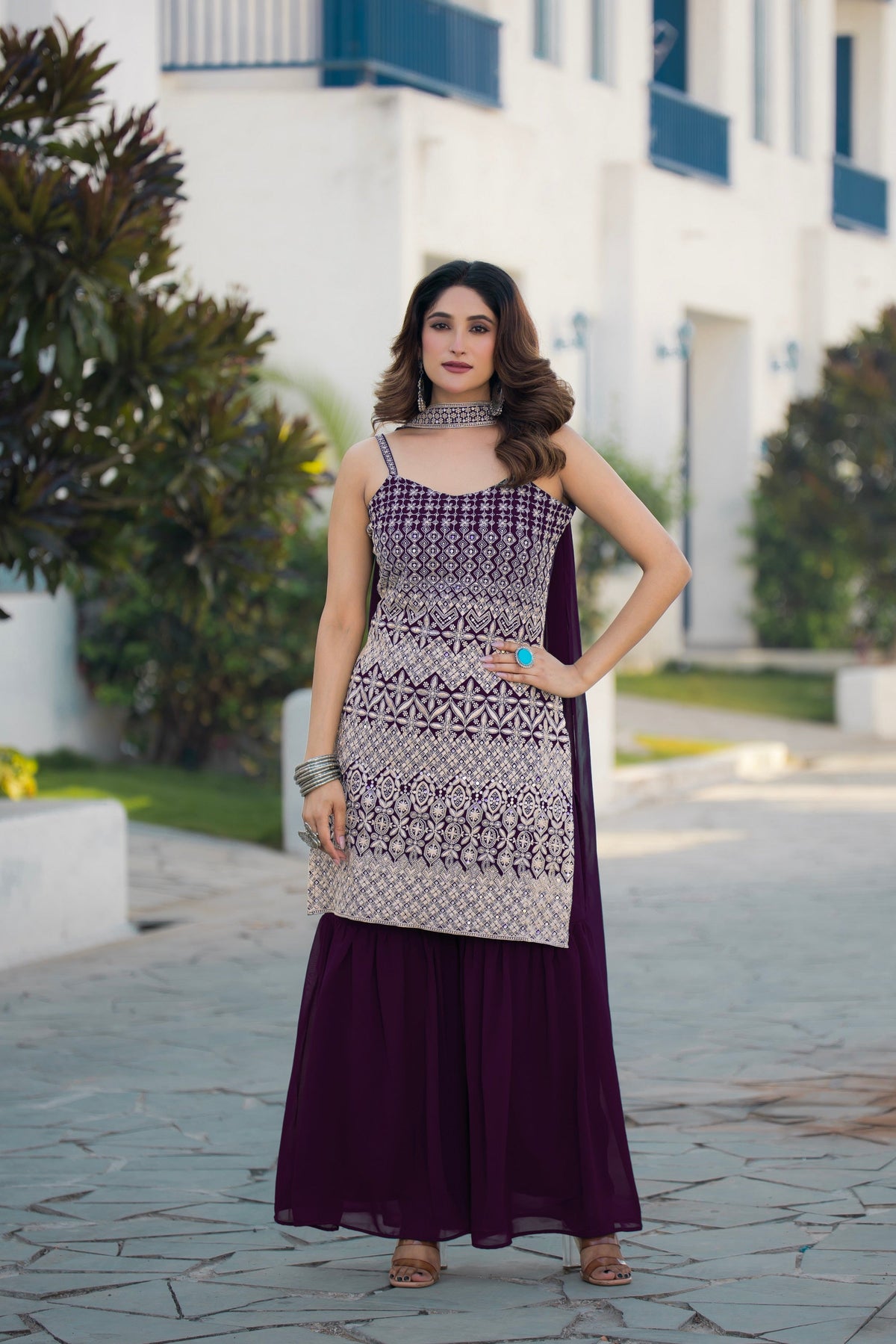 Teeya Creation Wine Color Georgette Heavy Embroidery Work Pakistani Style Fully Stitched Salwar Suit | Grocsy