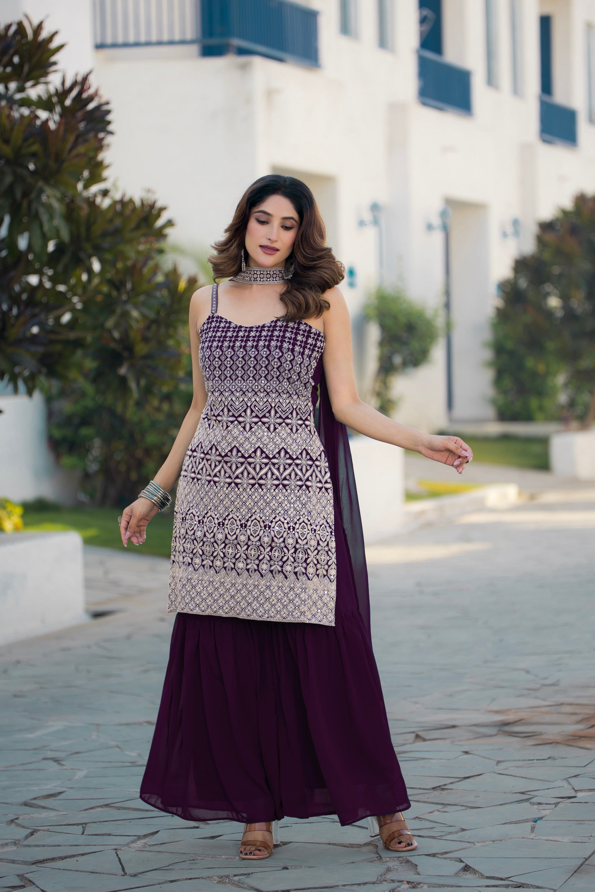 Teeya Creation Wine Color Georgette Heavy Embroidery Work Pakistani Style Fully Stitched Salwar Suit | Grocsy