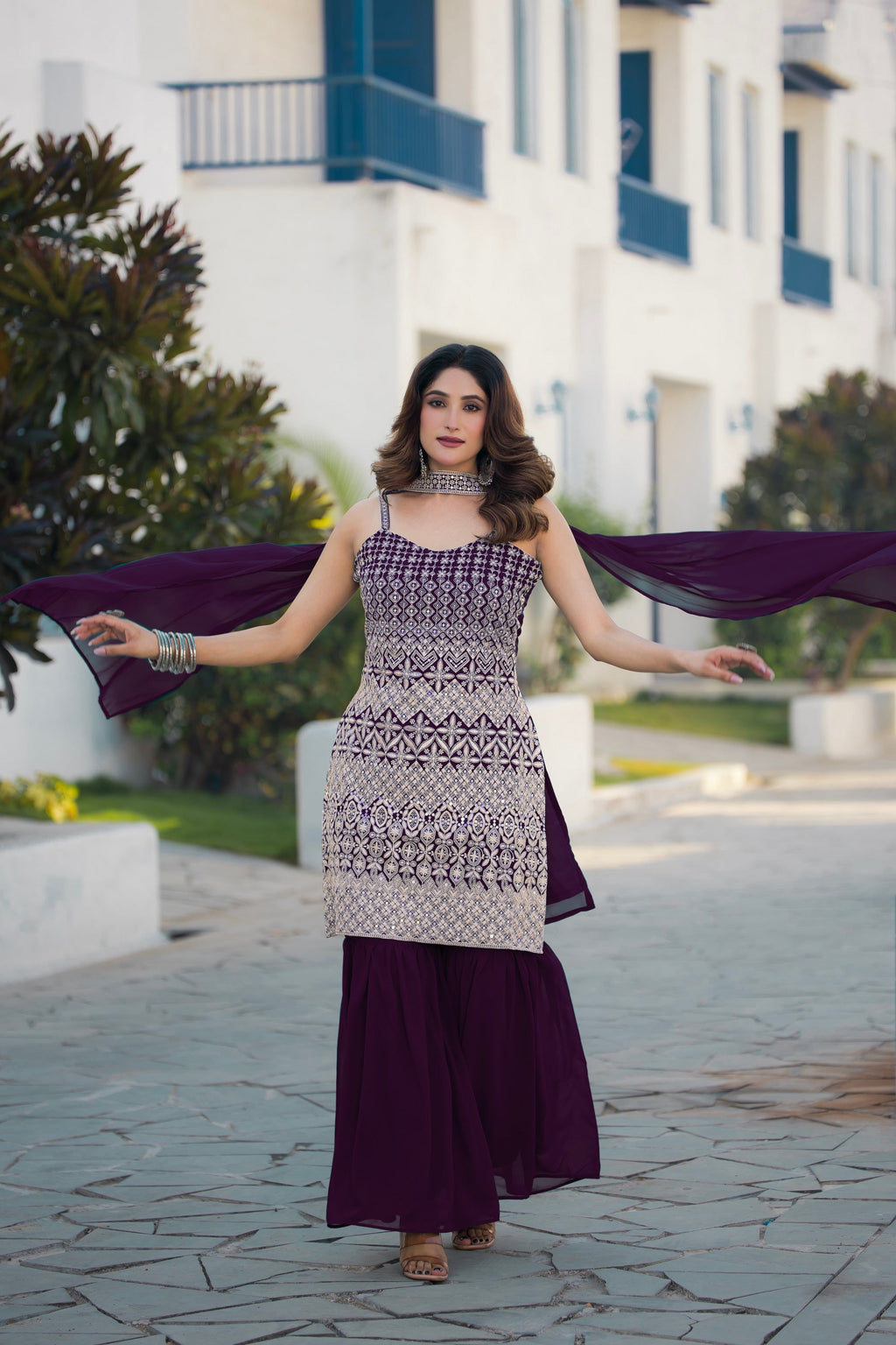 Teeya Creation Wine Color Georgette Heavy Embroidery Work Pakistani Style Fully Stitched Salwar Suit | Grocsy