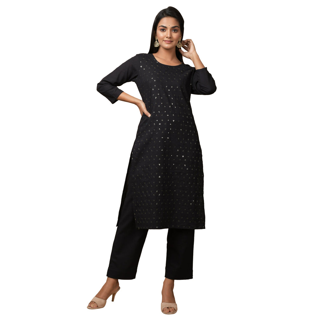 Kaajh Women's Black Solid Sequin Embellishment Kurta | Grocsy