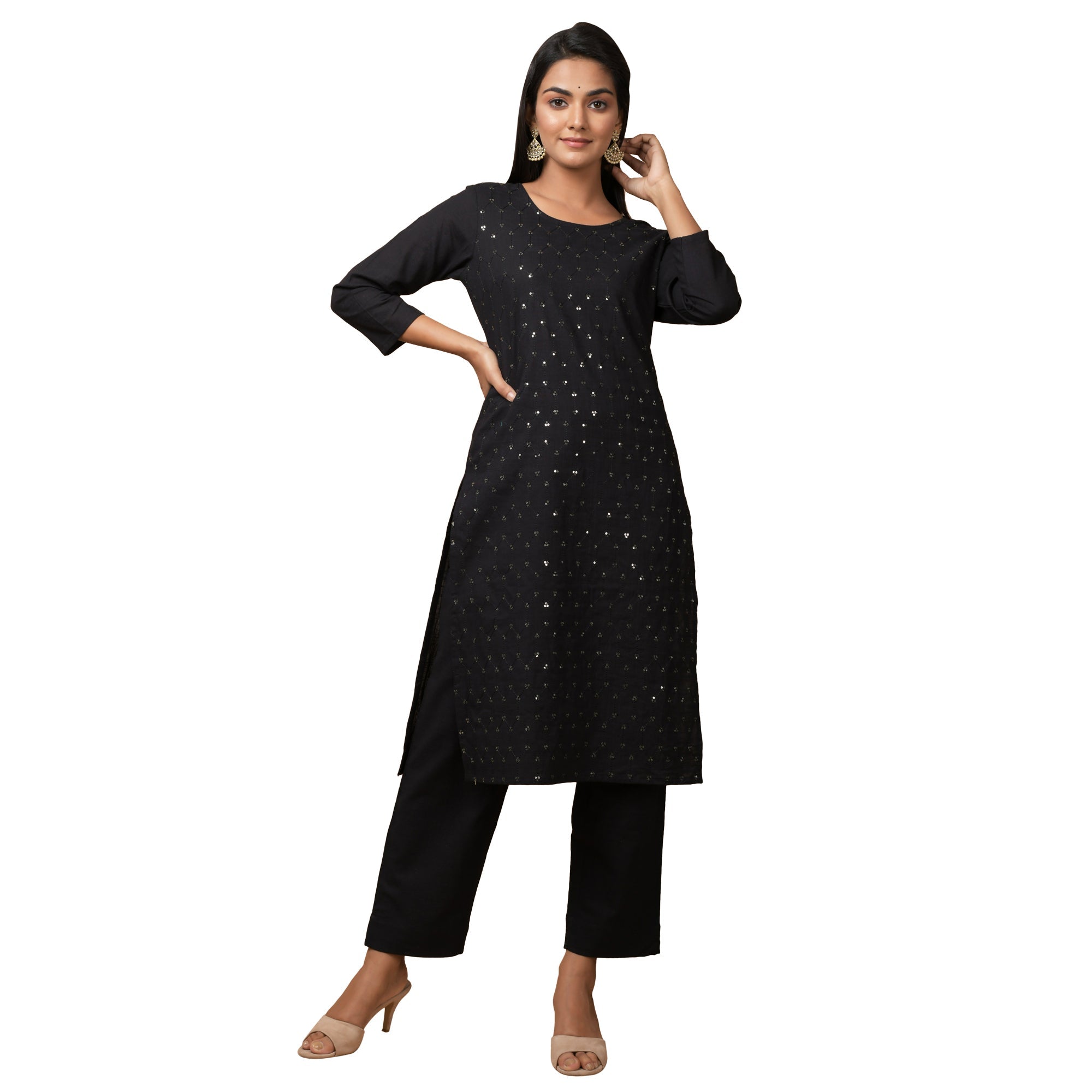 Kaajh Women's Black Solid Sequin Embellishment Kurta | Grocsy