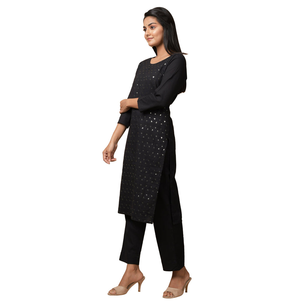 Kaajh Women's Black Solid Sequin Embellishment Kurta | Grocsy