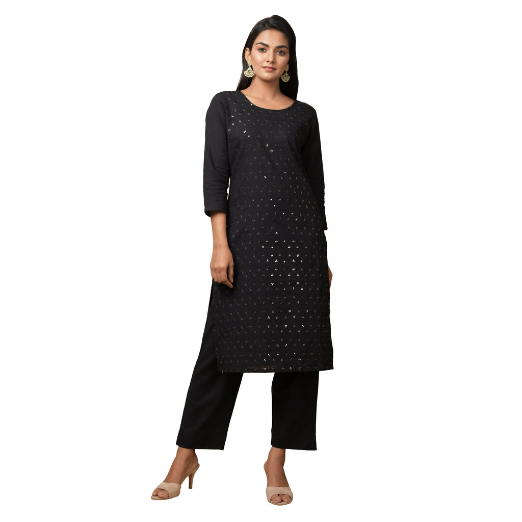 Kaajh Women's Black Solid Sequin Embellishment Kurta | Grocsy