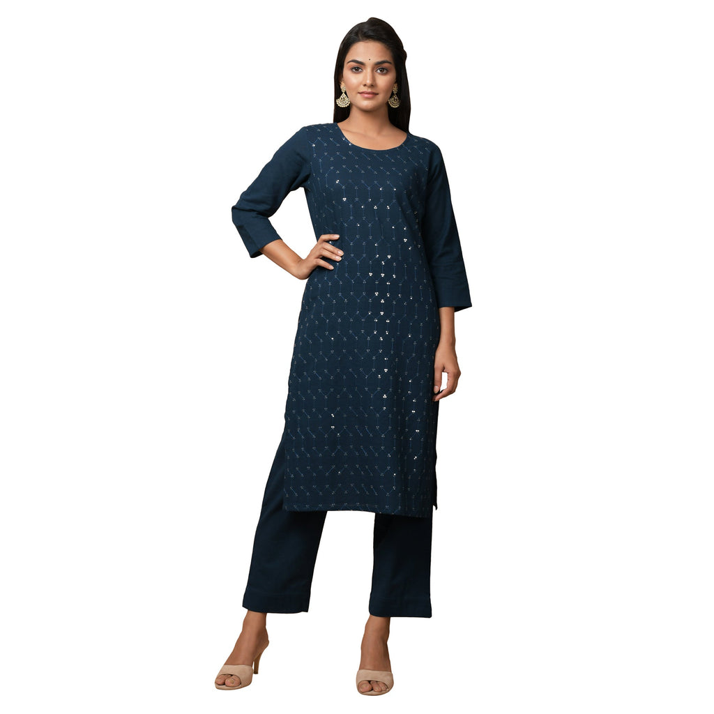 Kaajh Women's Blue Solid Sequin Embellishment Kurta | Grocsy