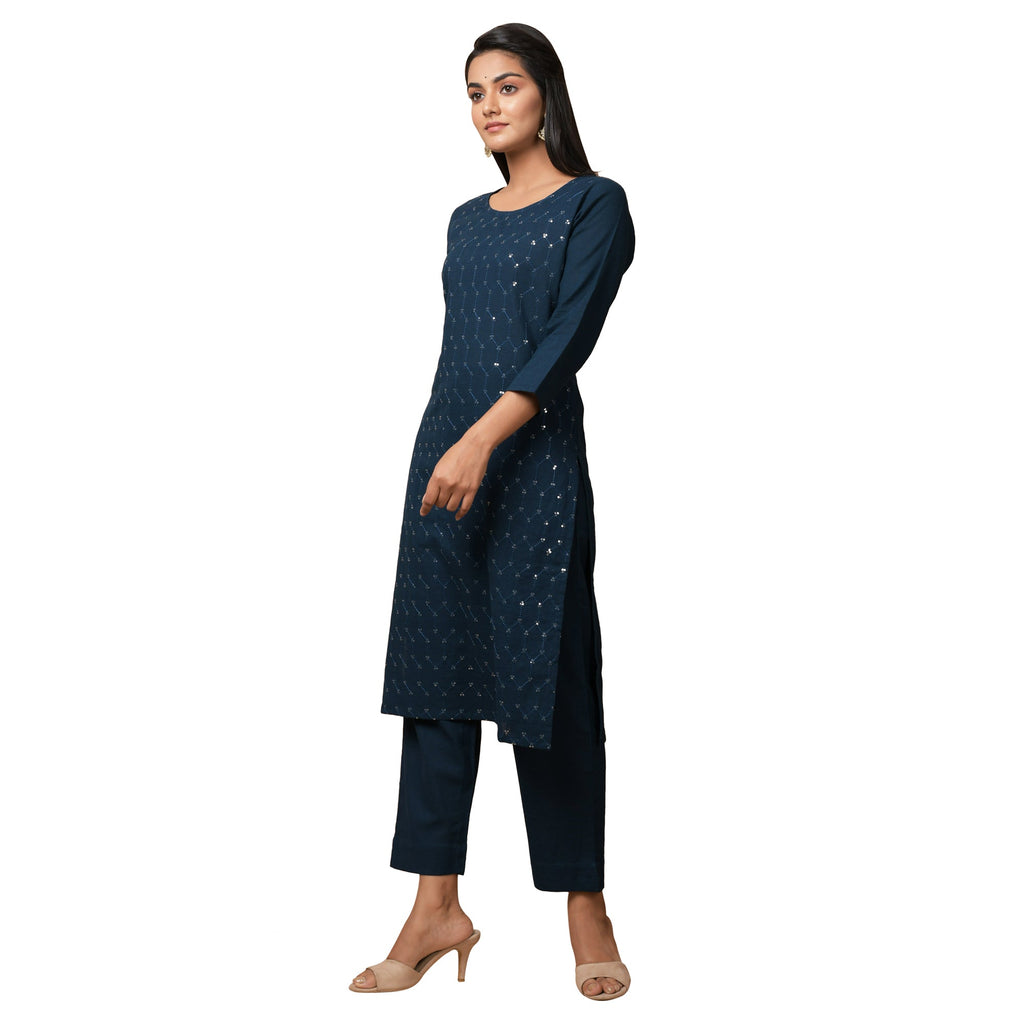 Kaajh Women's Blue Solid Sequin Embellishment Kurta | Grocsy