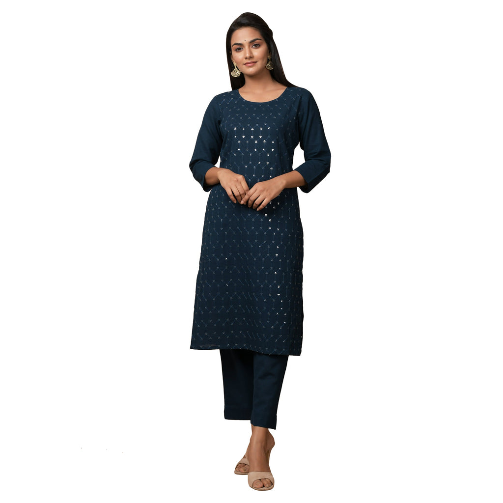 Kaajh Women's Blue Solid Sequin Embellishment Kurta | Grocsy