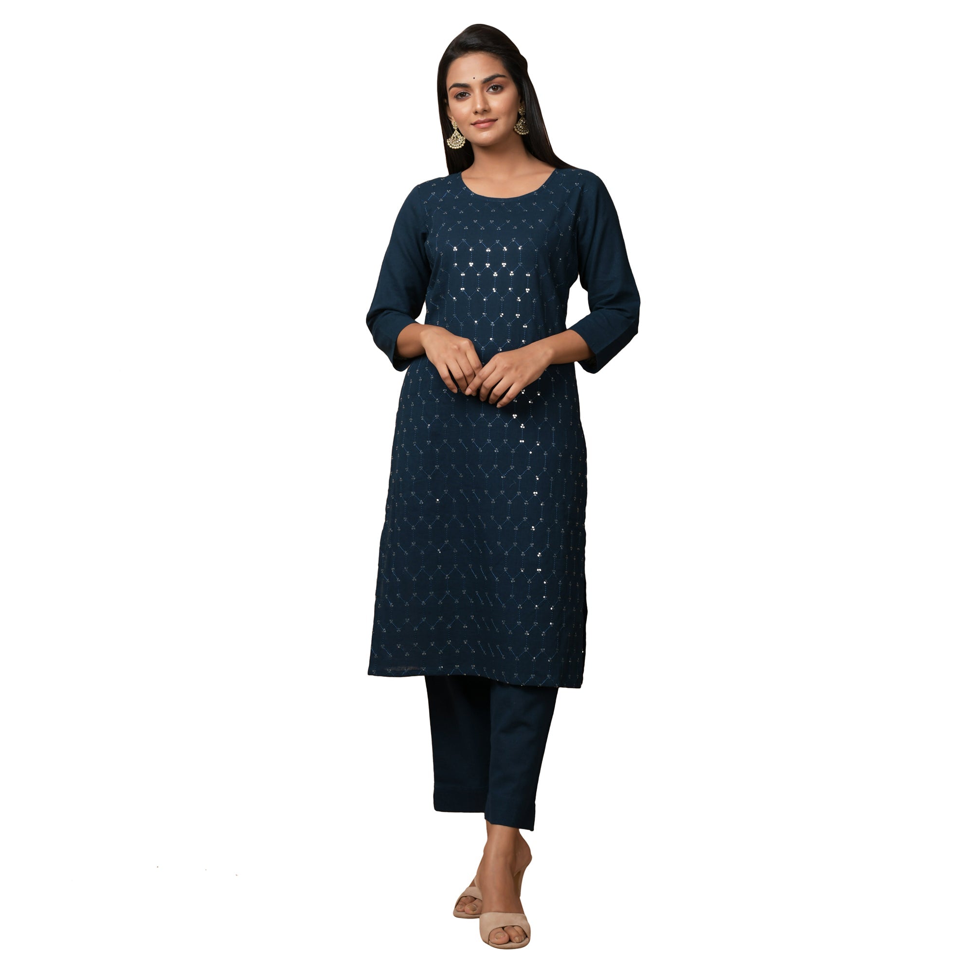 Kaajh Women's Blue Solid Sequin Embellishment Kurta | Grocsy