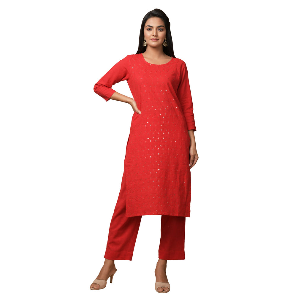 Kaajh Women's Red Solid Sequin Embellishment Kurta | Grocsy