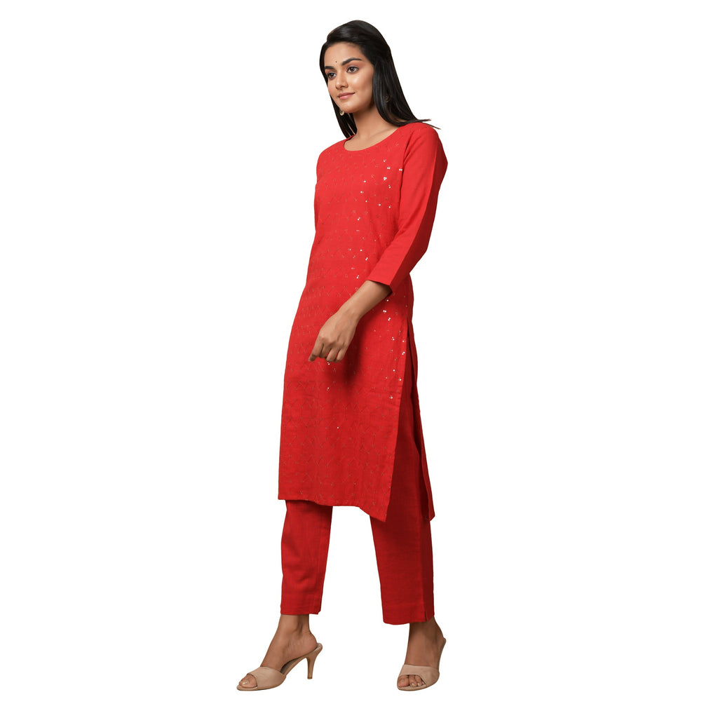 Kaajh Women's Red Solid Sequin Embellishment Kurta | Grocsy