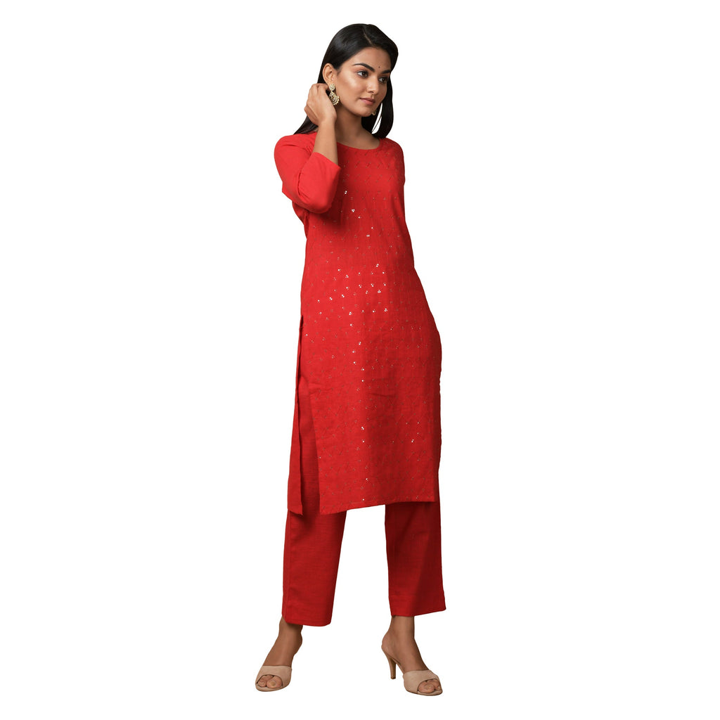 Kaajh Women's Red Solid Sequin Embellishment Kurta | Grocsy