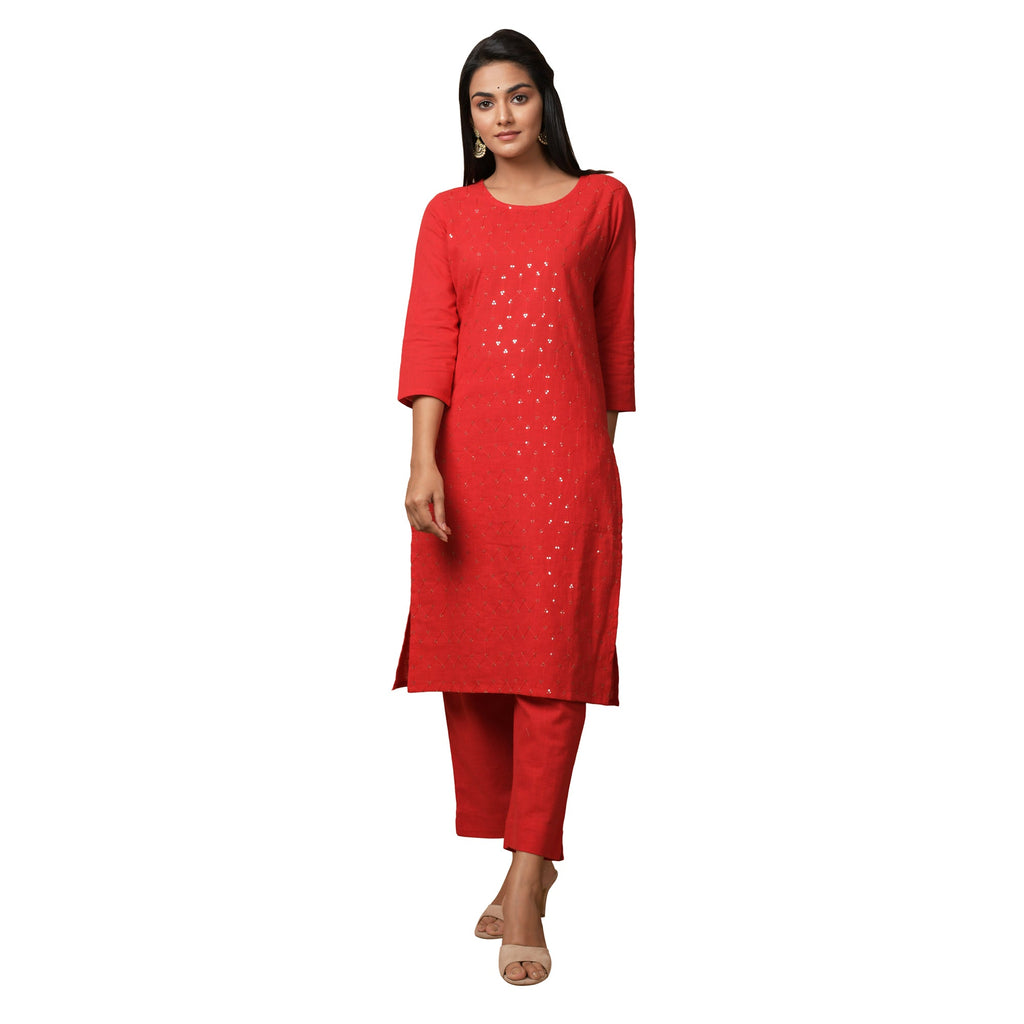 Kaajh Women's Red Solid Sequin Embellishment Kurta | Grocsy