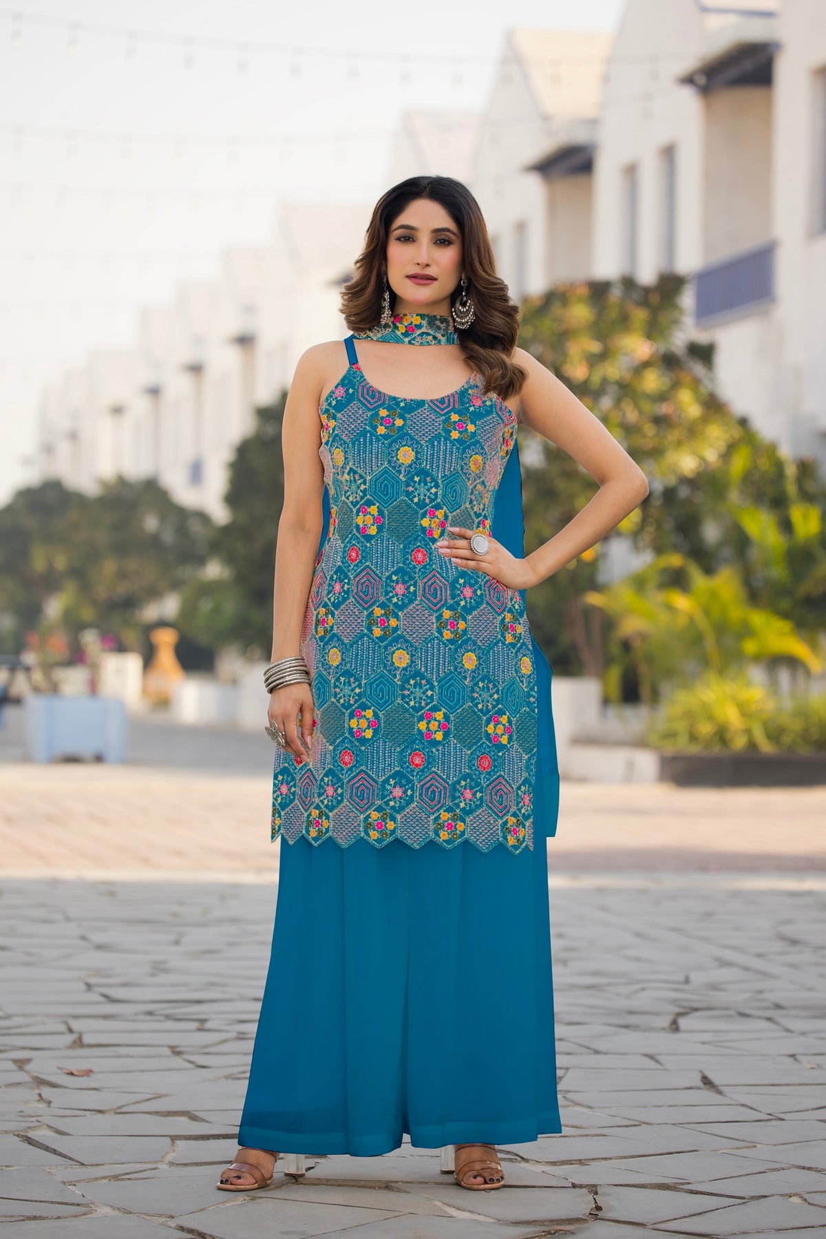 Teeya Creation Blue Color Chinon Silk Heavy Embroidery Work Pakistani Style Fully Stitched Salwar Suit | Grocsy