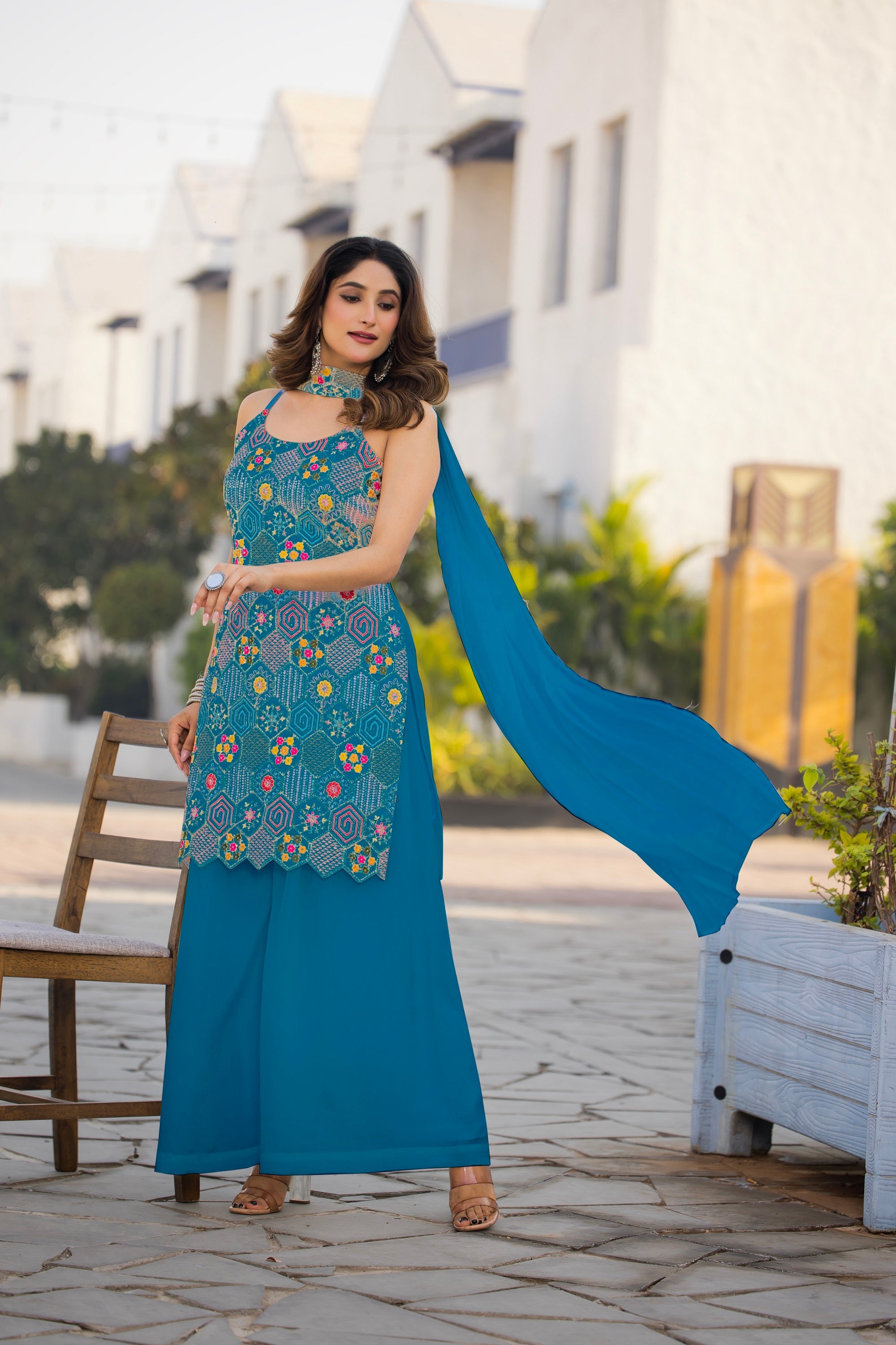 Teeya Creation Blue Color Chinon Silk Heavy Embroidery Work Pakistani Style Fully Stitched Salwar Suit | Grocsy