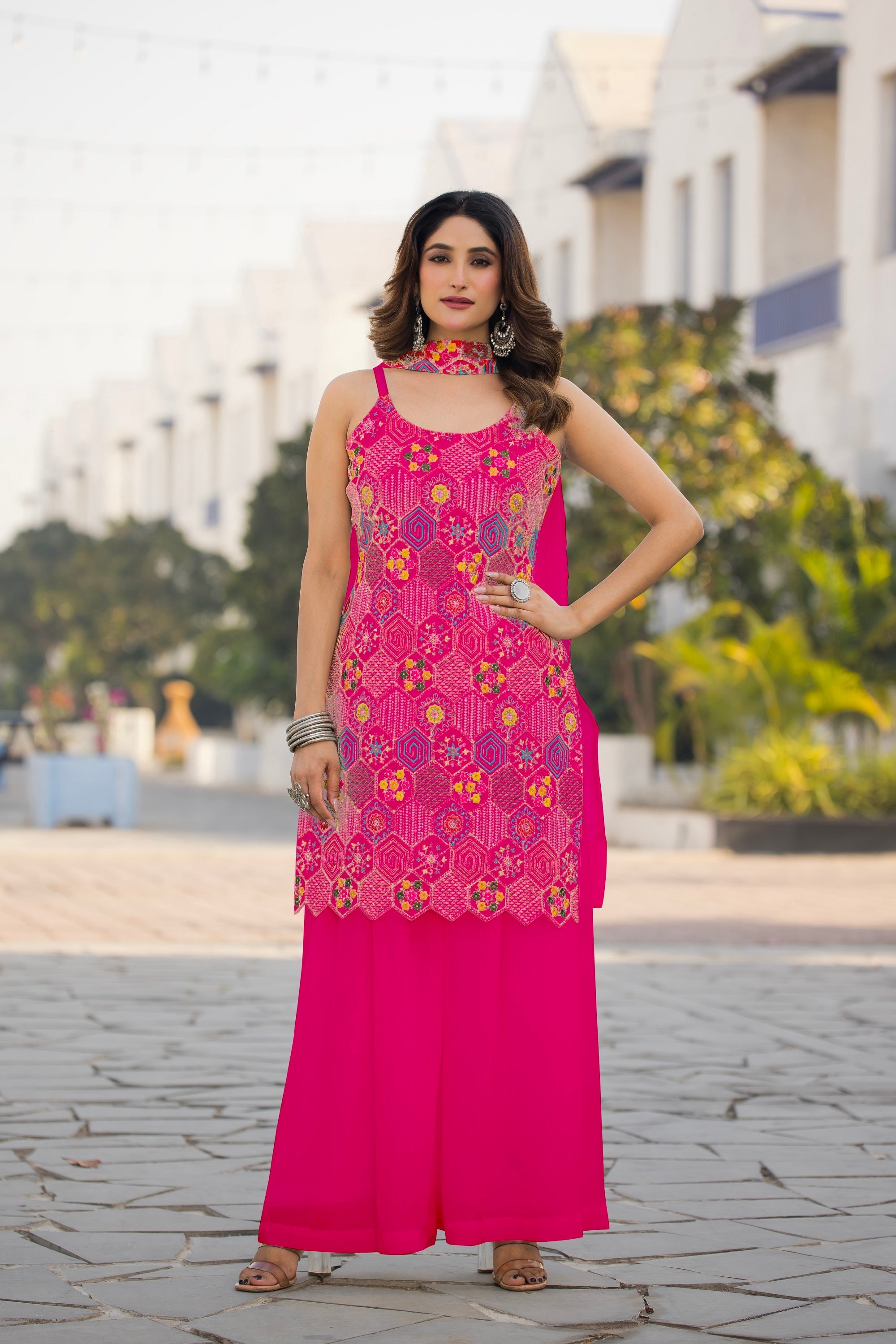 Teeya Creation Pink Color Chinon Silk Heavy Embroidery Work Pakistani Style Fully Stitched Salwar Suit | Grocsy