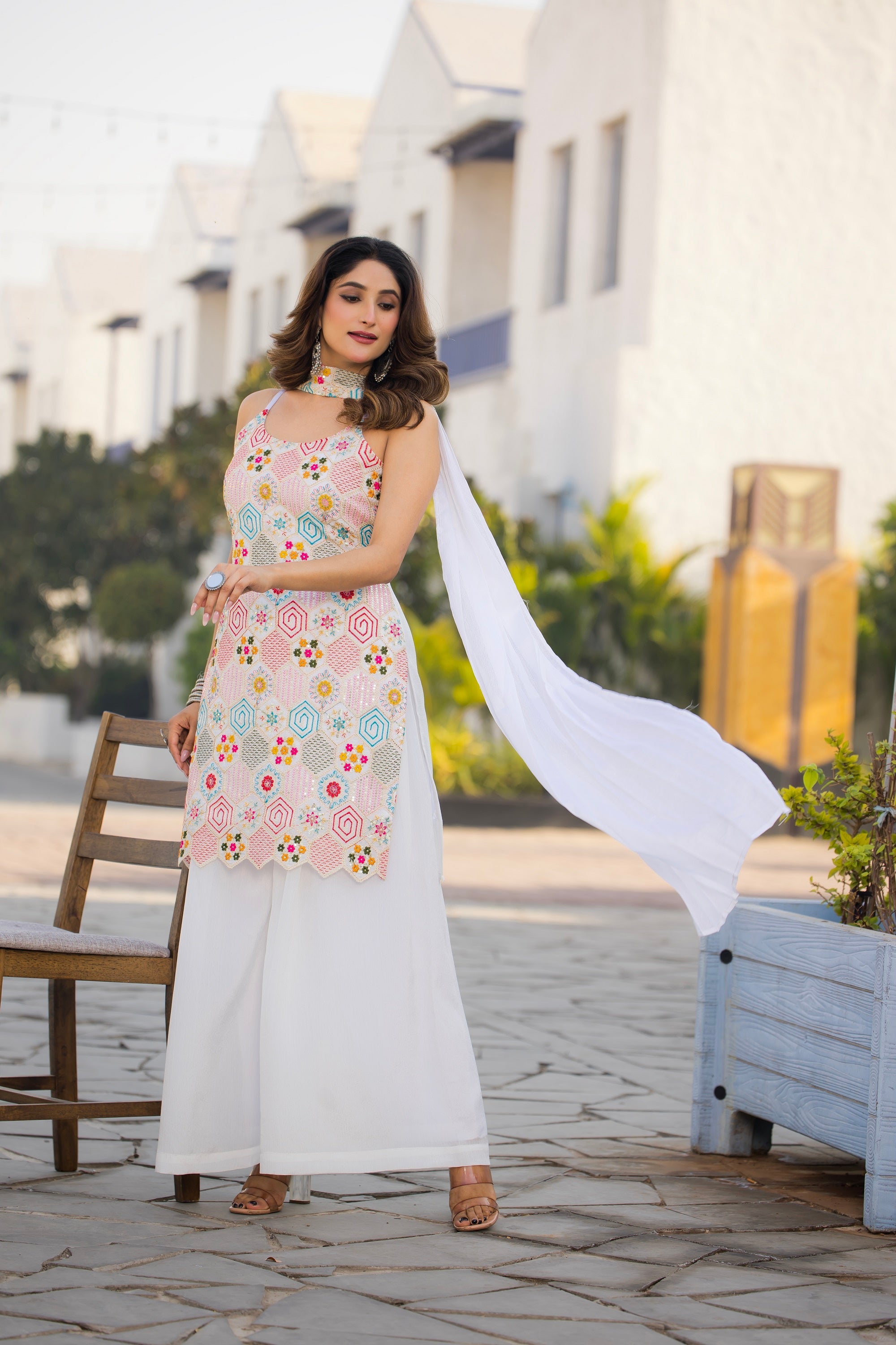Teeya Creation White Color Chinon Silk Heavy Embroidery Work Pakistani Style Fully Stitched Salwar Suit | Grocsy