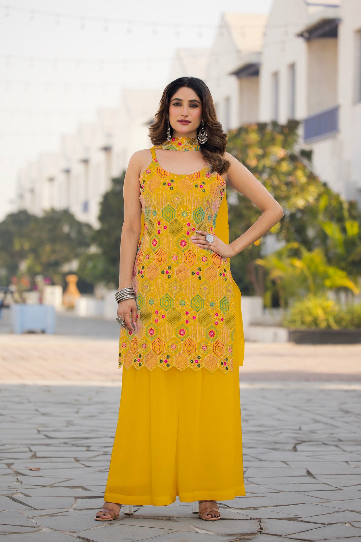 Teeya Creation Yellow Color Chinon Silk Heavy Embroidery Work Pakistani Style Fully Stitched Salwar Suit | Grocsy