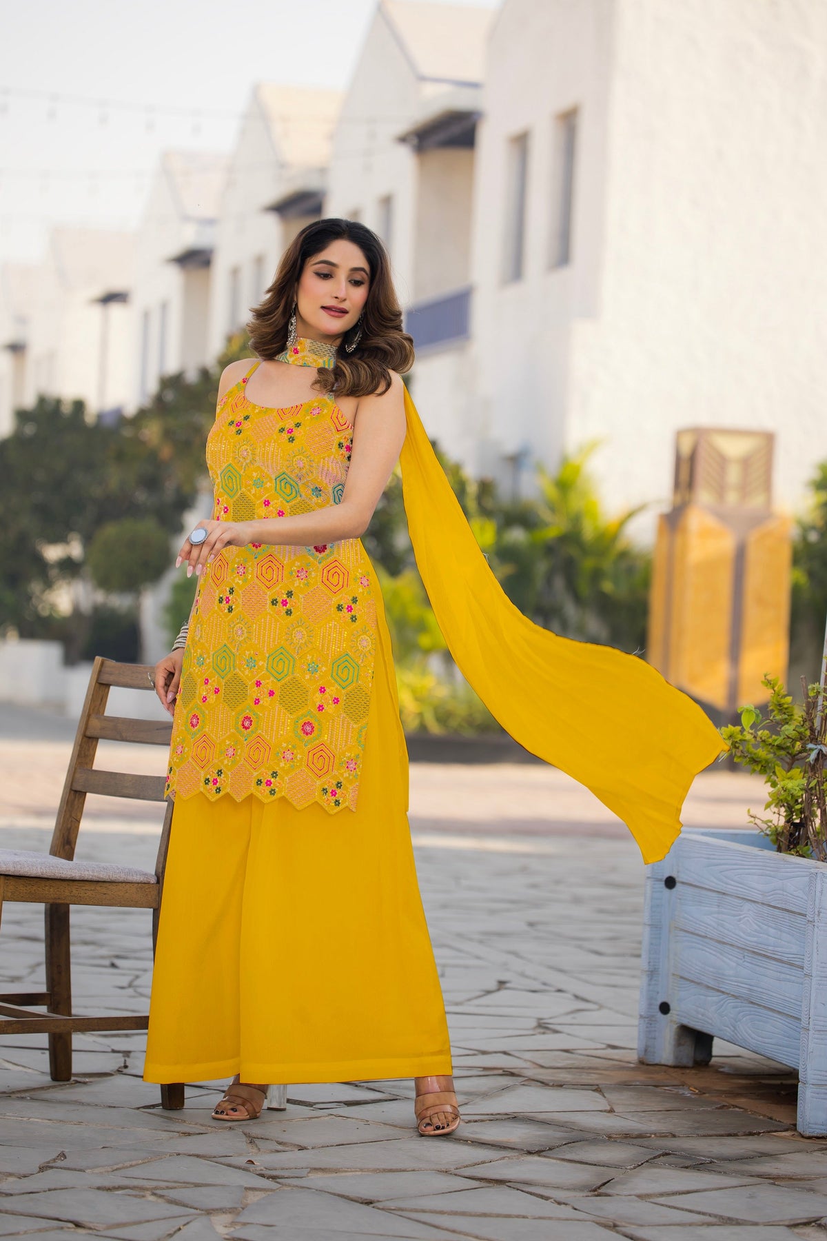 Teeya Creation Yellow Color Chinon Silk Heavy Embroidery Work Pakistani Style Fully Stitched Salwar Suit | Grocsy