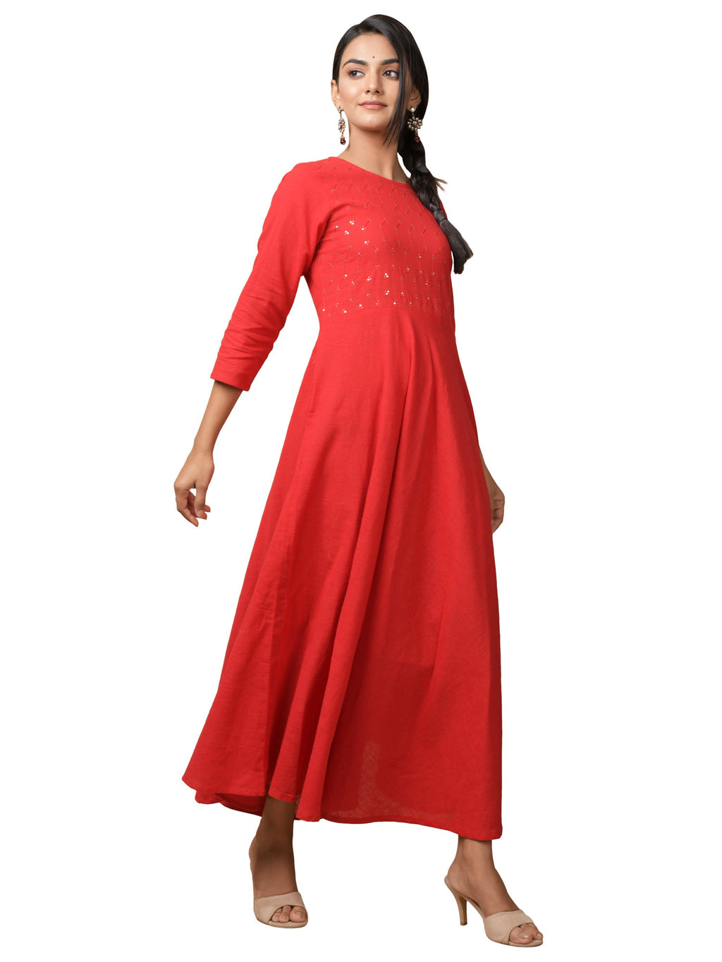 Kaajh Women's Red Solid Sequin Anarkali Kurta | Grocsy