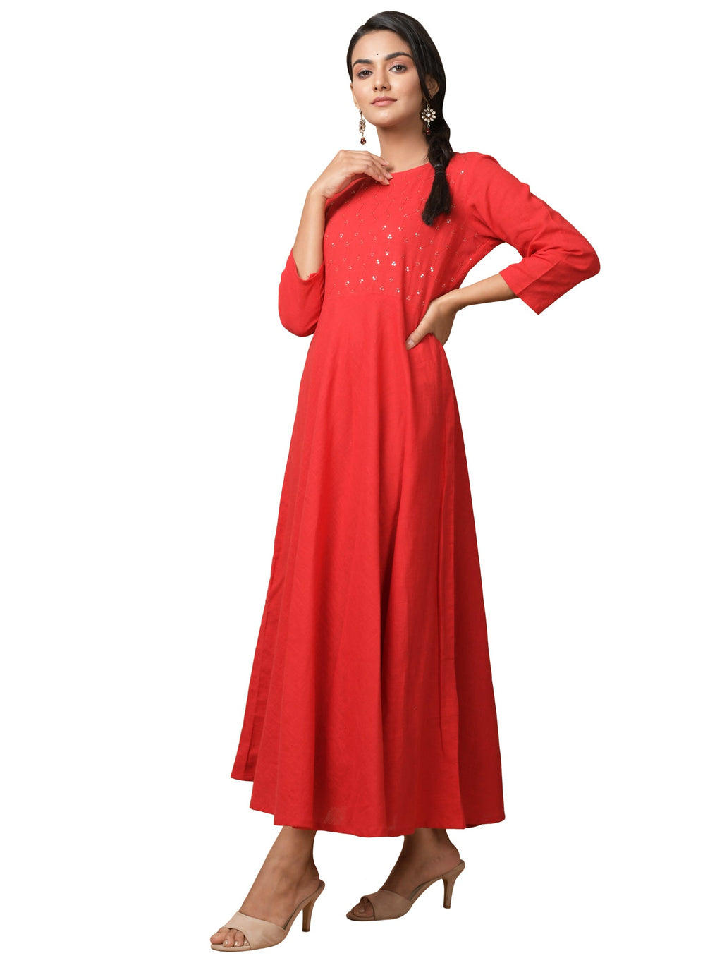 Kaajh Women's Red Solid Sequin Anarkali Kurta | Grocsy