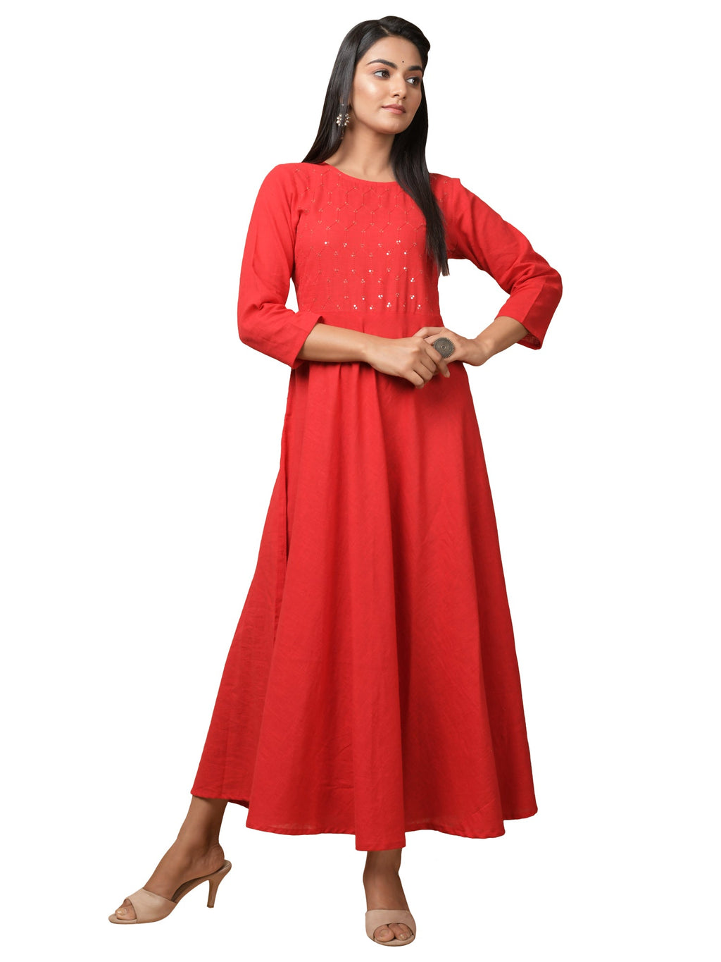 Kaajh Women's Red Solid Sequin Anarkali Kurta | Grocsy
