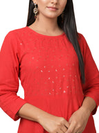 Kaajh Women's Red Solid Sequin Anarkali Kurta | Grocsy