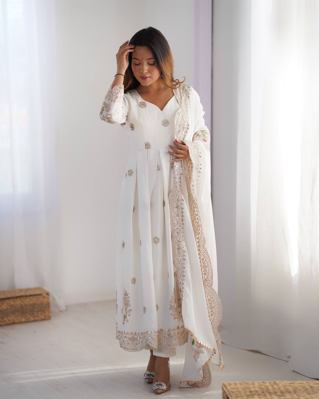 Teeya Creation White Color Chinnon Silk Heavy Embroidery Work Festival Wear Fully Stitched Gown | Grocsy