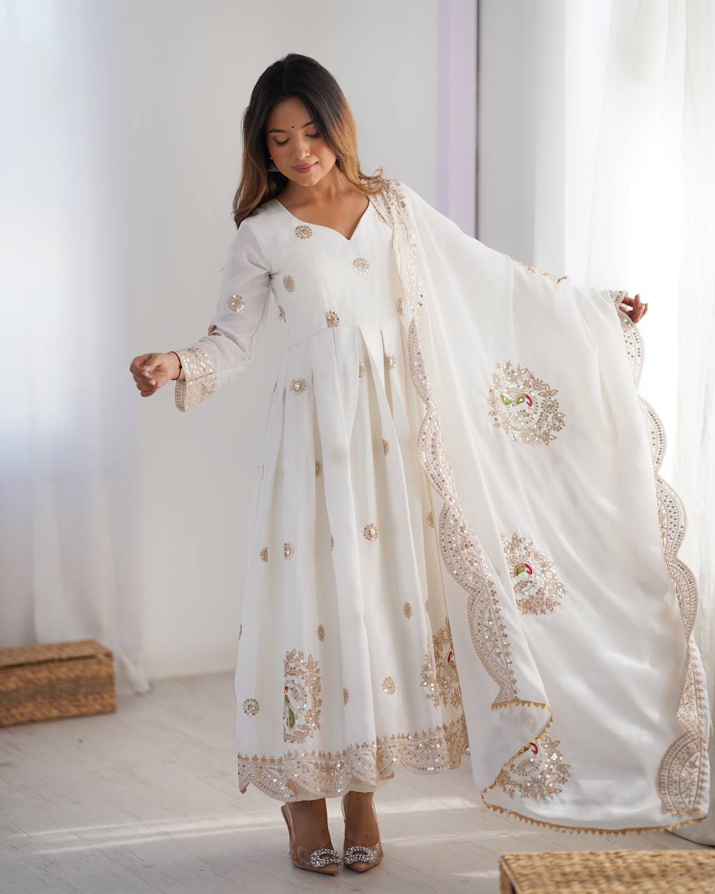 Teeya Creation White Color Chinnon Silk Heavy Embroidery Work Festival Wear Fully Stitched Gown | Grocsy