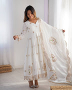 Teeya Creation White Color Chinnon Silk Heavy Embroidery Work Festival Wear Fully Stitched Gown | Grocsy