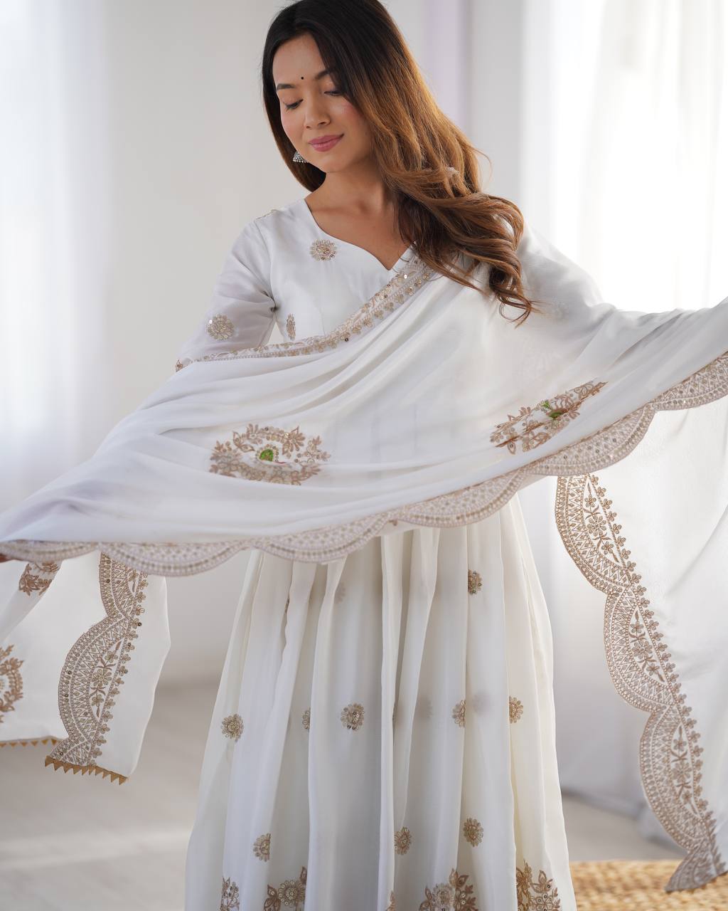 Teeya Creation White Color Chinnon Silk Heavy Embroidery Work Festival Wear Fully Stitched Gown | Grocsy
