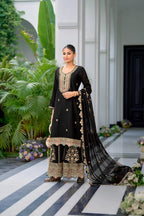 Teeya Creation Black Color Chinnon Silk Heavy Embroidery Work Festival Wear Fully Stitched Sharara Suit | Grocsy