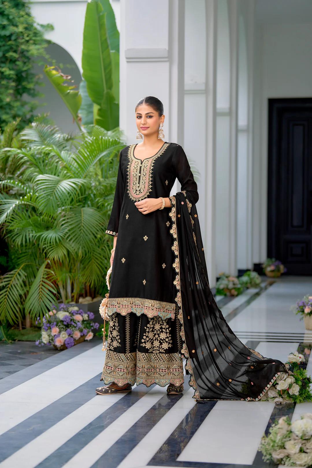 Teeya Creation Black Color Chinnon Silk Heavy Embroidery Work Festival Wear Fully Stitched Sharara Suit | Grocsy