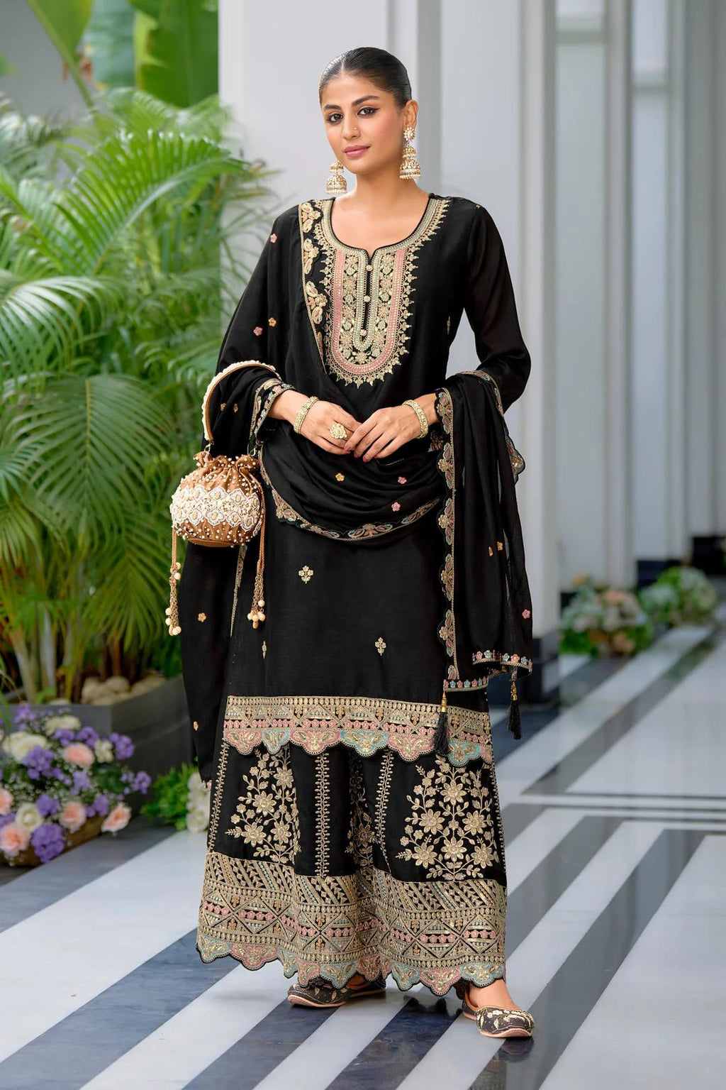Teeya Creation Black Color Chinnon Silk Heavy Embroidery Work Festival Wear Fully Stitched Sharara Suit | Grocsy