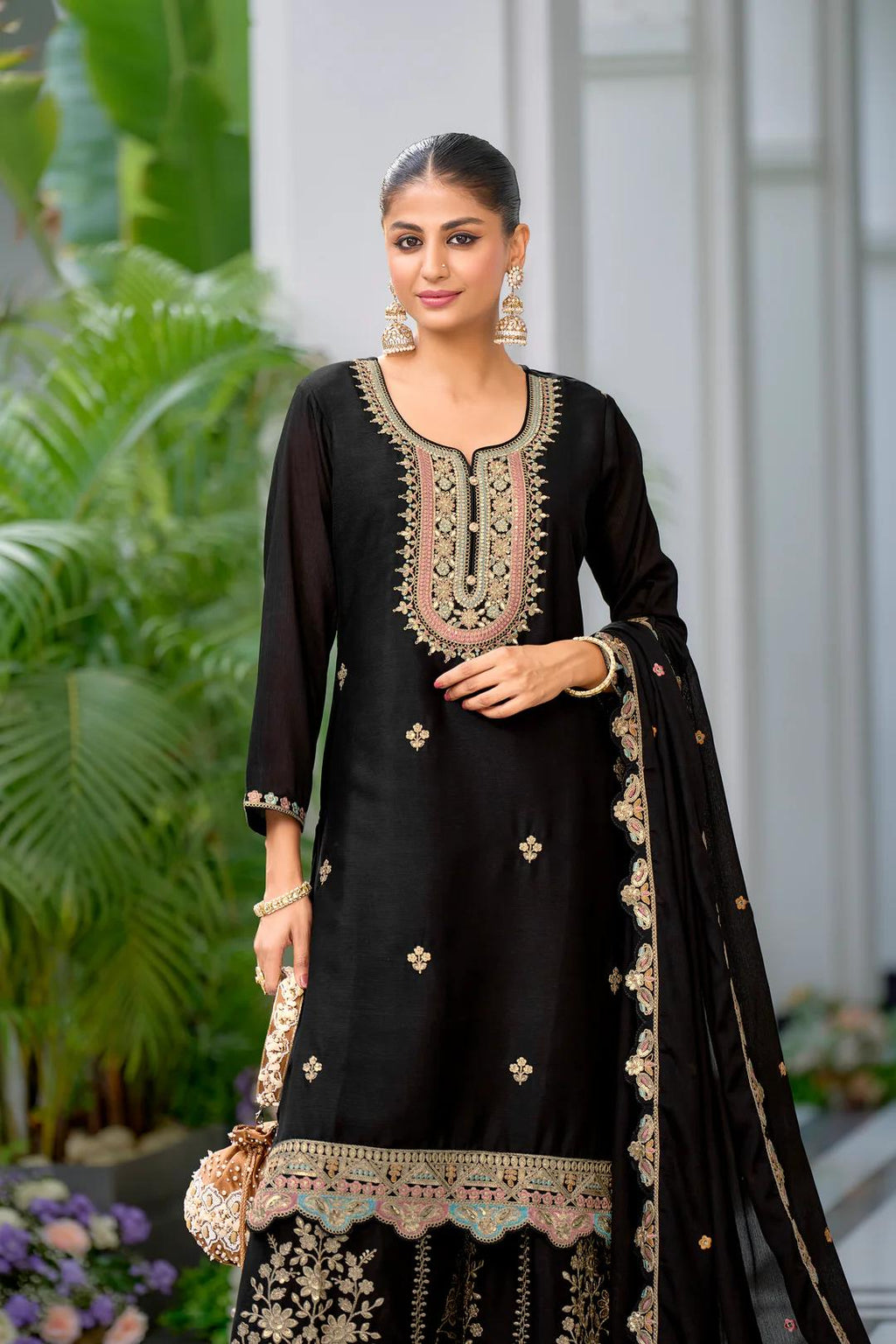 Teeya Creation Black Color Chinnon Silk Heavy Embroidery Work Festival Wear Fully Stitched Sharara Suit | Grocsy