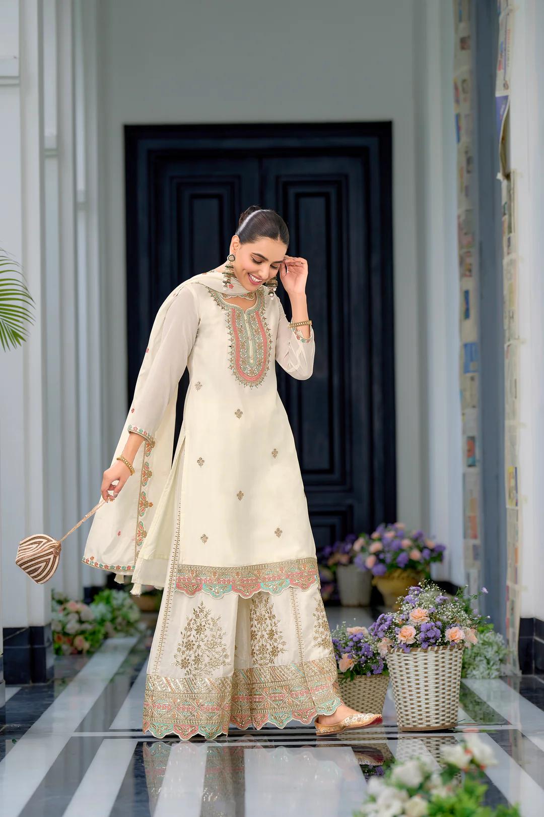 Teeya Creation White Color Chinnon Silk Heavy Embroidery Work Festival Wear Fully Stitched Sharara Suit | Grocsy