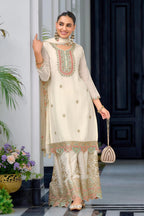 Teeya Creation White Color Chinnon Silk Heavy Embroidery Work Festival Wear Fully Stitched Sharara Suit | Grocsy