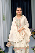 Teeya Creation White Color Chinnon Silk Heavy Embroidery Work Festival Wear Fully Stitched Sharara Suit | Grocsy