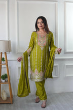 Teeya Creation Parrot Green Color Chinnon Silk Heavy Embroidery Work Pakistani Style Fully Stitched Salwar Suit | Grocsy
