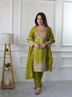 Teeya Creation Parrot Green Color Chinnon Silk Heavy Embroidery Work Pakistani Style Fully Stitched Salwar Suit | Grocsy