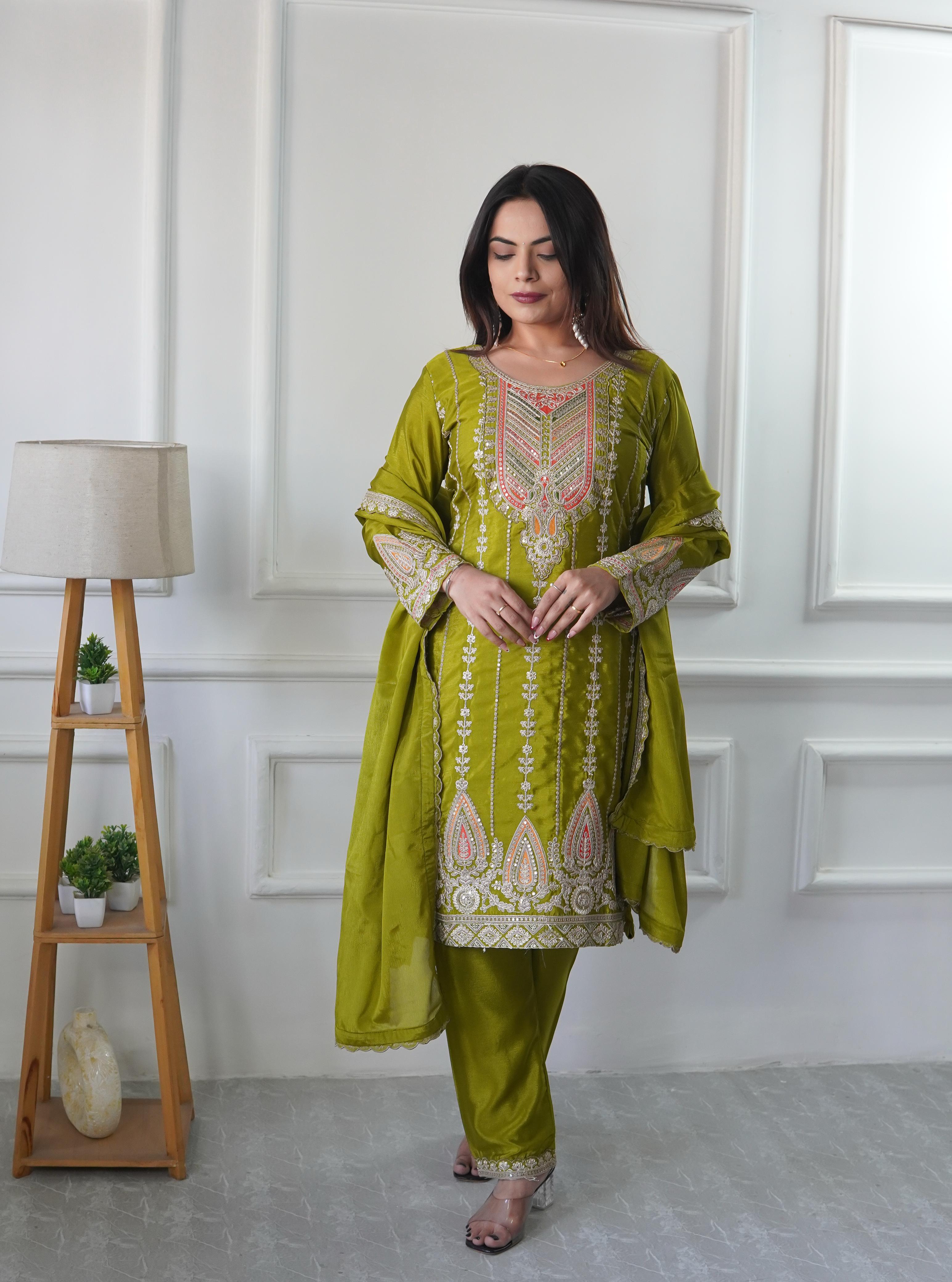 Teeya Creation Parrot Green Color Chinnon Silk Heavy Embroidery Work Pakistani Style Fully Stitched Salwar Suit | Grocsy