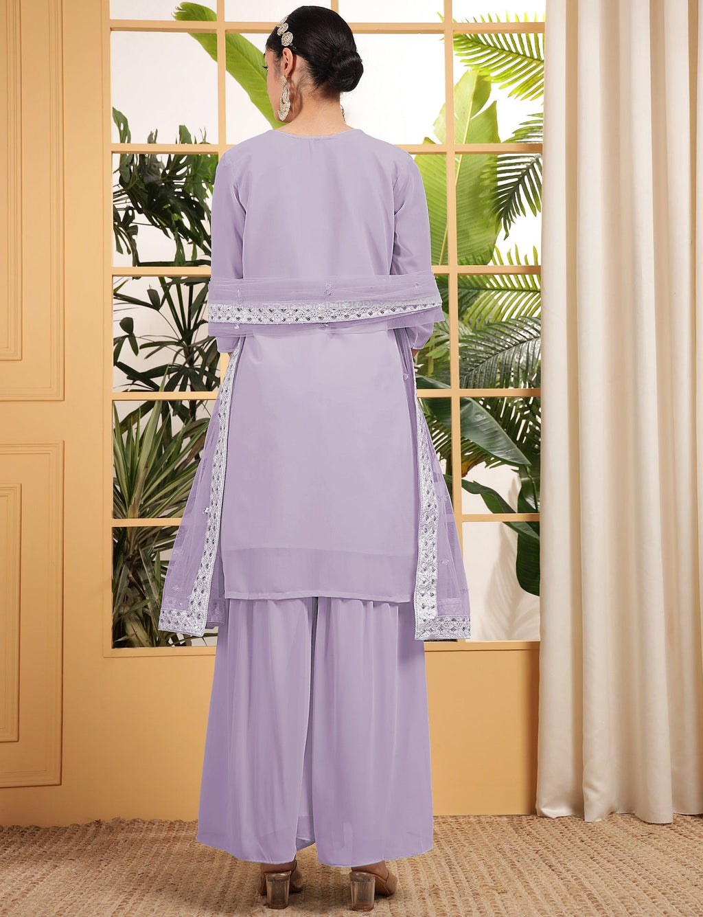 Teeya Creation Lavender Color Georgette Fabric Heavy Embroidery Work Fully Stitched Palazzo Set | Grocsy